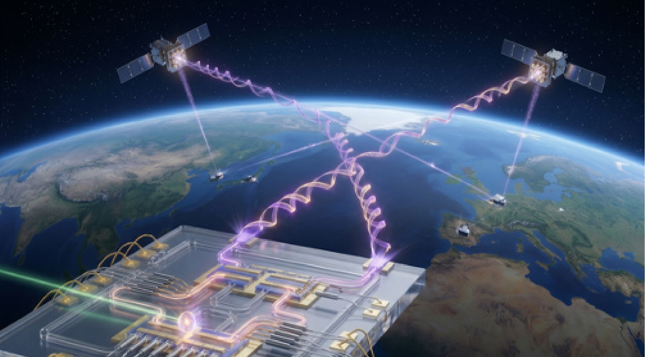 Chip-scale quantum photonic network concept linking terrestrial and satellite nodes.