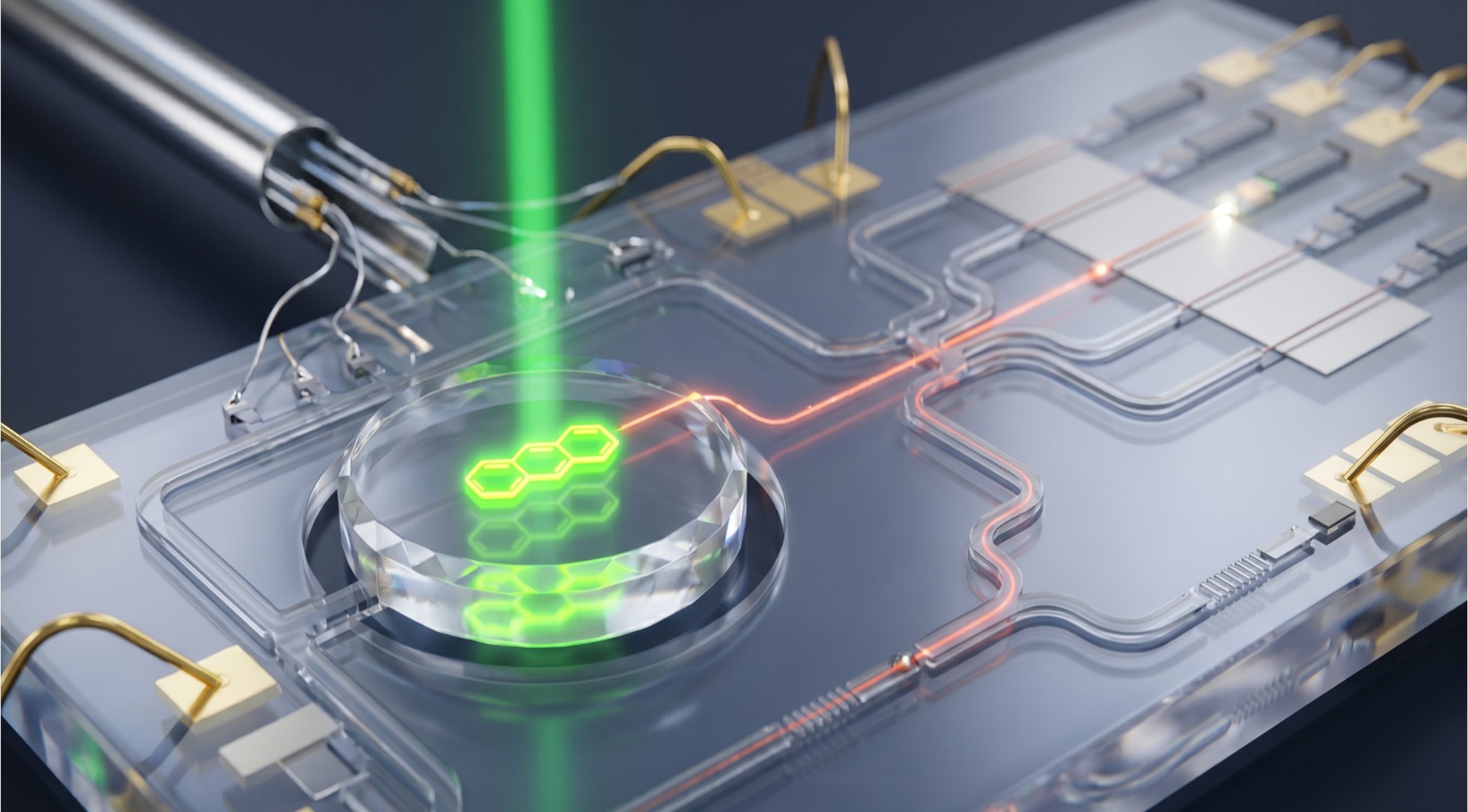 Integrated molecular-photonic platform concept with on-chip optical routing and coupling.