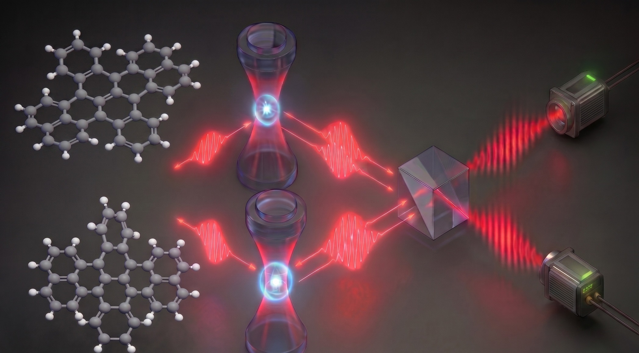 Two-emitter photon-interference concept with molecular photons routed to single-photon detectors.